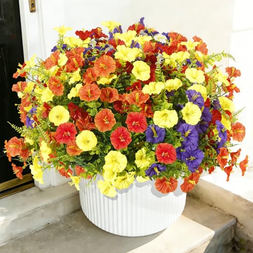 Artificial Morning Glory UV Resistant Outside 36 pcs 4 Colors Garden Artificial Flowers Outdoors, Realistic Faux Silk Morning Glory Fake Morning Glory Plants for Porch Planters Window Wedding Decor - color: Red ＆yellow ＆ Orange ＆purple（with Green Ferns）,