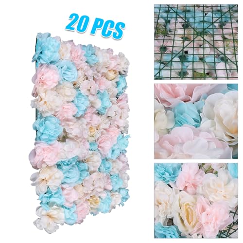 12 Pcs Artificial Flowers Decoration, Floral Background Walls Artificial Flowers Wall Panels, 23.62" X 15.74" Silk Rose Rayon Flower Wall Mat Backdrop for Wedding Party Event Decor - color: Blue