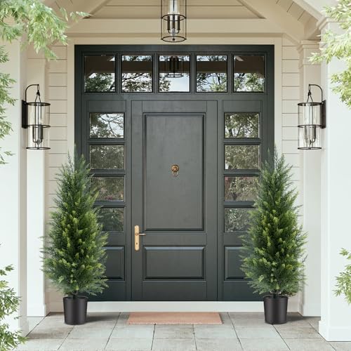 3 ft Artificial Cedar Topiary Trees Set of 2 Front Porch | Compact 3FT, Realistic Faux Cedar, Stable Base, No Watering Needed, for Porch Patio Garden Entryway Home Office - color: Green, size: 3FT