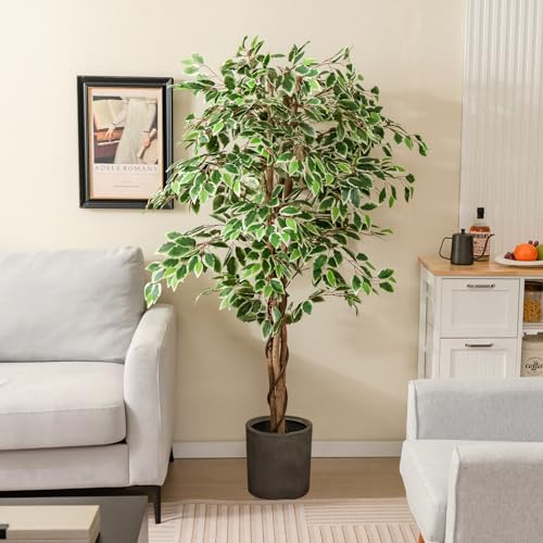 Goplus Artificial Ficus Tree, 5.5ft Tall Lush Faux Tree for Home Decor Indoor with 1008 Leaves, Sturdy Nursery Pot, Decorative Fake Ficus Tree Artificial Plants for Office, Living Room, Porch