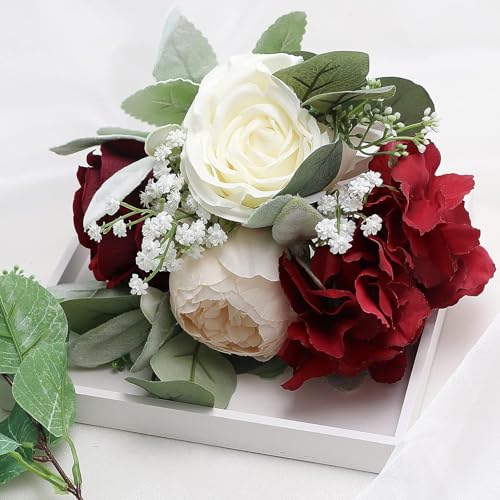 Artificial Bridesmaid Bouquet for Wedding - Burgundy White Single Wedding Bouquet for Bridesmaid, 7 Inch Bridal Bouquets for Bridesmaids Bridal Shower Vintage Wedding Ceremony, Anniversary - color: Burgundy & White, size: 1pcs Bouquets