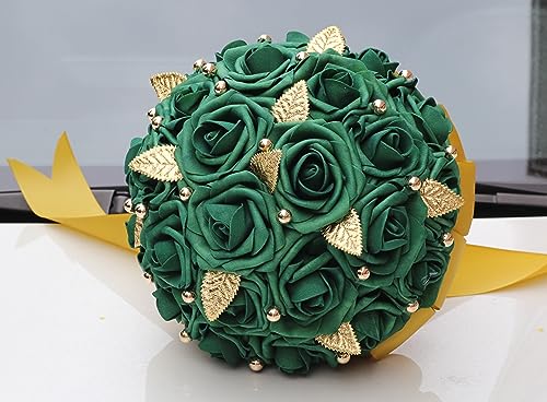 Handmade Wedding Bouquet Artificial PE Rose Bridal Bridesmaid Bouquet with Soft Ribbons Wedding Hand Holding Bouquet Artificial Fake Flowers Toss Bouquet(A-Emerald Green, 7.9"/20cm) - color: A-emerald Green, size: 7.9"/20cm