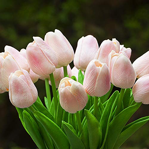 20 Pieces Artificial Real Touch Tulips Flower Arrangement in Glass Vase with Faux Water for Home Decoration (Pink) - color: Pink