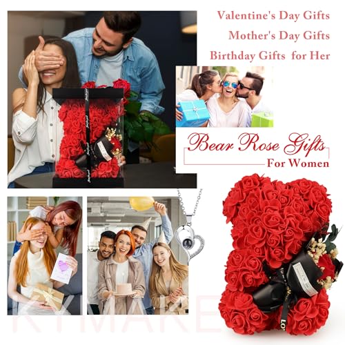 Gifts for Women Rose Bear with Bouquet and I Love You Necklace in 100 Languages, Birthday Mother’s Day Anniversary Valentines Gifts for Girlfriend Mom Wife Daughter - color: Rose Red