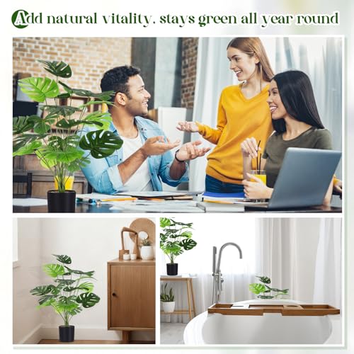 Giegxin 4 Pack Fake Plants 28'' Large Tall Artificial Monstera Faux Potted Tropical Faux Monstera Plants 18 Decorative Split Leaves Sage Green for Indoor Outdoor Front Porch Home Tree Decor
