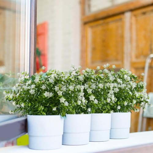 10PCS Artificial Eucalyptus Plants,Fake Boxwood Shrubs UV Resistant No Fade Faux Plastic Greenery for Wedding Bridal Bouquet Indoor Outdoor Home Garden Kitchen Office Table Vase(Milk Green) - color: Off-white