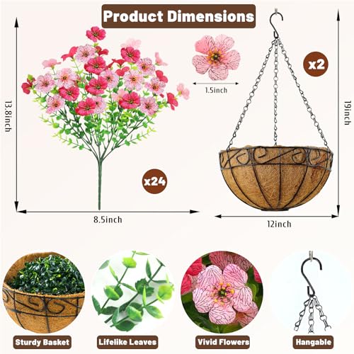 2 Pack Artfiticial Hanging Flowers Baskets for Outdoors, UV Resistant Faux Hanging Plants, 24 Pcs Fake Silk Flowers for Patio Garden Front Porch Balcony Decor (Pink Rose Red) - color: Pink Rose Red