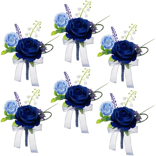 AuroraAria Navy Blue Boutonniere for Men,Set of 6,Groom Boutonniere for Wedding,Anniversary,Homecoming,Formal Dinner Party,Wedding Decor,Artificial Navy Blue Rose - color: Navy Blue