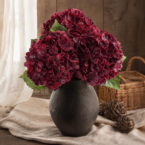 Waipfaru Red Burgundy Hydrangea Artificial Flowers, 21" Real Touch Hydrangea Flowers, Faux Hydrangea Flowers, Latex Hydrangeas All Season Fall Indoor & Outdoor Home Decor & Wedding Arrangement - color: Burgundy, size: 3pcs