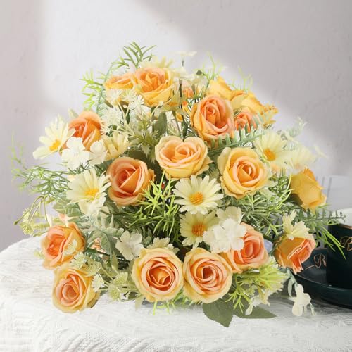 Artificial Silk Fake Flowers Bouquet Fake Roses Flowers Faux Flower Arrangement Wedding Bride Bouquets for Home Centerpieces Decor(Yellow) - color: Yellow