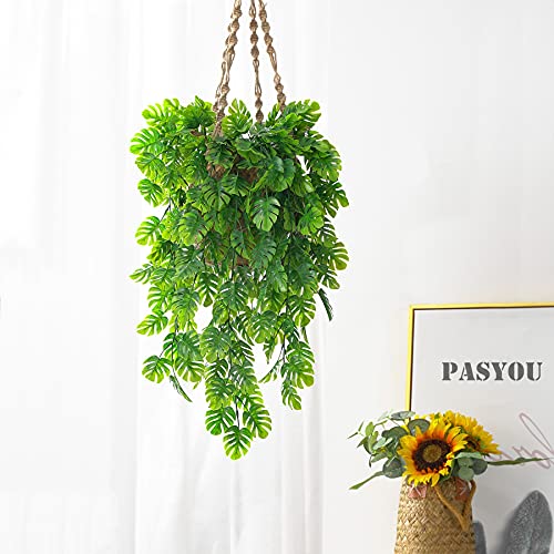PASYOU Artificial Hanging Plants Fake Monstera Vines for Decoration, Ivy with Leaves Outdoor Indoor Decor Plastic Greenery Plant Faux Stems Home Garden Party Wedding Bedroom Room Office - 4 Pack - color: Monstera Vine - 4 Pcs