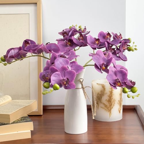 5 Fake Orchid in 17 Inches with Real Touch Flowers and Flexible Stems, Artificial Orchids That Look Real Arrange for Wedding Bouquets Home Office Indoor Decorations (Dark Purple) - color: Dark Purple