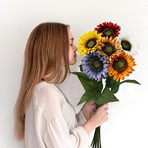 Olrla Long Stem Artificial Sunflower for Tall Vase, Silk Fake Fall Sunflowers for Home Wedding Party Decoration (6 Mixed Colors) - color: Mixed Color-long Stem