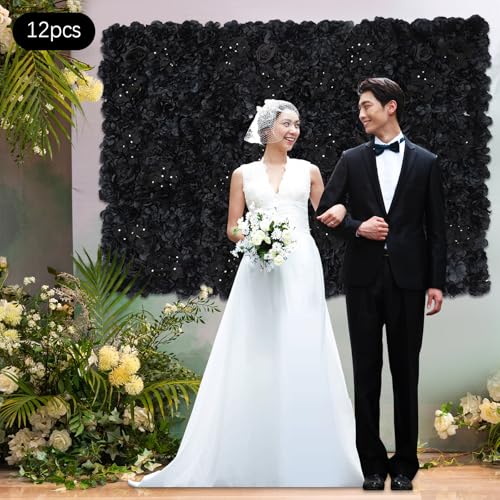 12 Pcs Artificial Flower Wall Panels Silk Dahlia Rose 3D Faux Flower Backdrop Panels Background Decorative for Wedding Celebrations Festive Party Home, 23.62 * 15.74in (Black-1) - color: Black-1