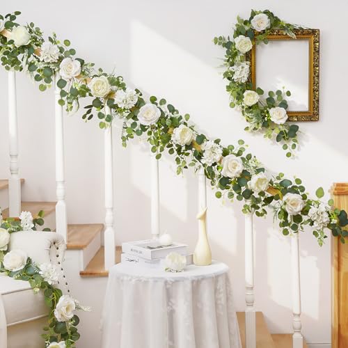 Livole 2Pcs 6 FT Artificial Flower Garland Fake White Rose Peony Floral Garland with Eucalyptus Flower Hanging Vine for Wedding Arch Table Centerpieces Backdrop Party Home Decorations - color: White, size: 2 Pcs