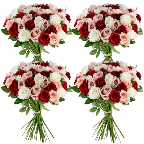 48 Pcs Silk Artificial Flowers, Fake Rose Long Stem Realistic Artificial Flowers for Wedding Arrangement Centerpiece Party Decor (16 Burgundy, 16 Coffee Pink, 16 Off-White)
