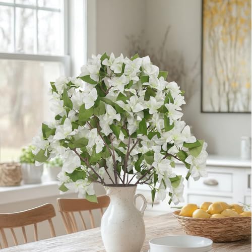 CITYES 2 Pcs Artificial Flowers Bougainvillea Outdoor White Faux Bougainvillea Flowers with Stems Artificial Bougainvilleas Silk Flowers Branches for Garden Wedding Centerpieces Table Runner Decor - color: White
