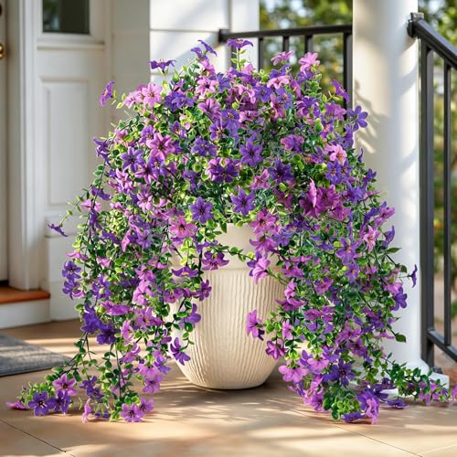QCQHDU Artificial Hanging Flowers for Outdoors,2Pcs Fake Hanging Plants 29.5 Inch Long for Spring Summer Decoration,UV Resistant Faux Flowers for Patio Porch Garden Yard Balcony Decor, Double Purple - color: Double Purple