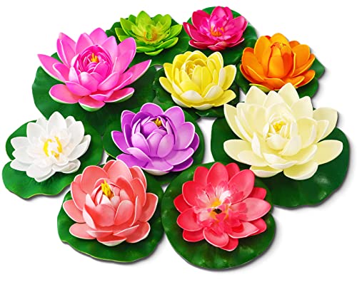 Artificial Lotus Flowers Water Lilies for Pond Pool, 10 Pcs Realistic Floating Foam Lotus Flowers with Lily Pads for Ponds, 4" and 6" Large Lifelike Water Lilies for Fountain Garden Pond Decoration - color: Artificial Lotus