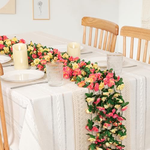 KHOYIME 9 Pack 72 FT Artificial Flower Garland, Fake Champagne Roses Vines Silk Flowers Faux Outdoor Hanging Floral Ivy Garland Decoration for Wedding Arch Bedroom Home Wall Backdrop Room Decor - color: Champagne, size: 9pcs
