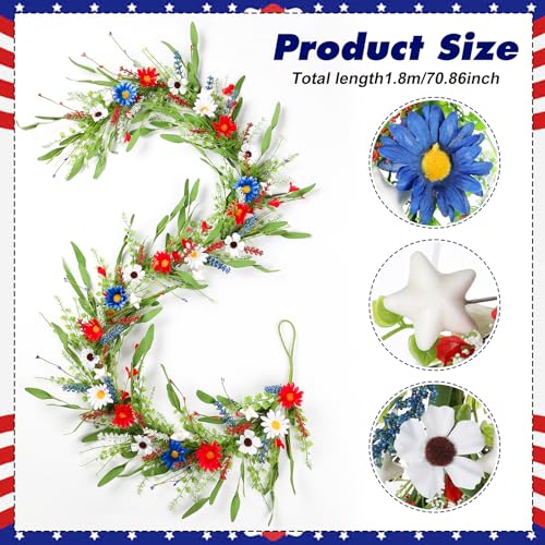6.5Ft Patriotic Garland, Red White Blue Artificial Wildflower 4th of July Garland, Independence Day Memorial Day Floral Vine for Mantle Stair Porch Table Home Decor - color: Red White and Blue02
