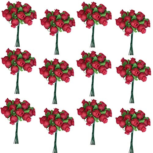 Red Artificial Silk Flower Roses - 12 Mini Bouquets of 12 Rosebuds, 144 Rosebuds Total,4th of July, America 250, Wedding Decor, Bridal Shower Favors, Wreath, Reception Arrangements, Arts and Crafts - color: Red