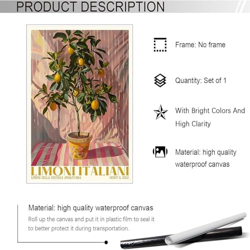 Vintage Italian Lemon Tree Poster Citrus Fruit Canvas Wall Art Funny Summer Preppy Mediterranean Plant Prints Painting For Home Bedroom Dorm Living Room Wall Decor 16x24in Unframed - color: style 03, size: 16"L x 24"W