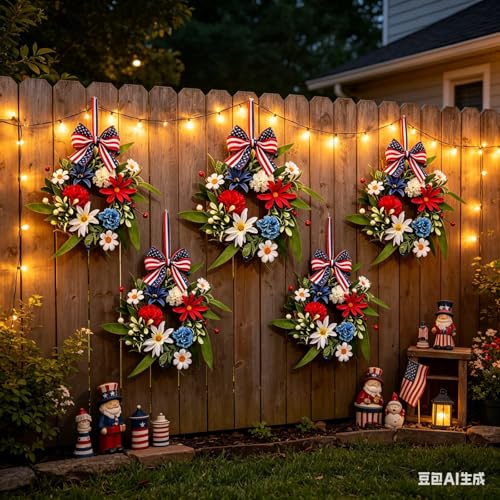 6 Pcs Small 4th of July Hanging Wreaths for Cabinets with Red Carnations Daisy Blooms Artificial Mini Independence Day Candle Ring Wreath with White Chrysanthemums for Front Door Window Porch Wall - color: Patriotic-10