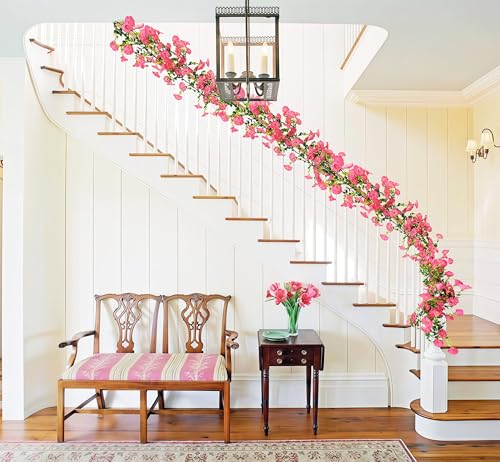 Artificial Flowers Garland 2PCS Pink Artificial Silk Morning Glory Vine Artificial Flowers Hanging Eucalyptus Garland for Wall Fence Arch UV Protected Indoor Outdoor Decor - color: Pink