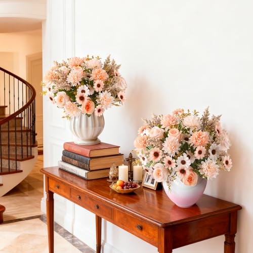 Artificial Fake Flowers for Spring Decoration, 4 Pcs Faux Silk Flower Arrangements Centerpiece for table with Chrysanthemum Rose Daisy Floral Bouquets Office Wedding Patio Porch Indoor Home Decor - color: Champagne Color
