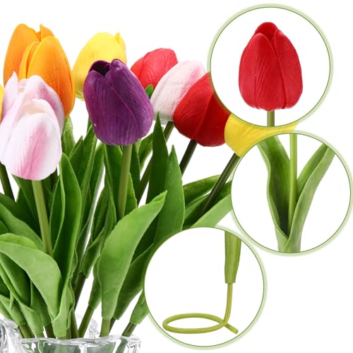 Janinka 75pcs Artificial Tulip Flowers Fake PU Tulips Faux Latex Bouquet Flower Centerpieces Arrangement Floral for Wedding Spring Decorations (1 Head,Pink,Red,Purple,Orange,Yellow) - color: Pink, Red, Purple, Orange, Yellow