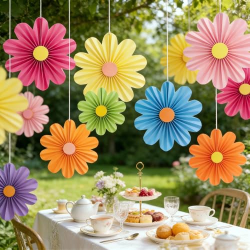 Paper Jazz Colorful Party Decorations with Daisy Paper Flower,Rainbow Birthday Decorations-9pcs Tissue Mexican Decor for Home Backdrop Garden Birthday Party Wall Hanging Fan for Spring Party - color: colorful