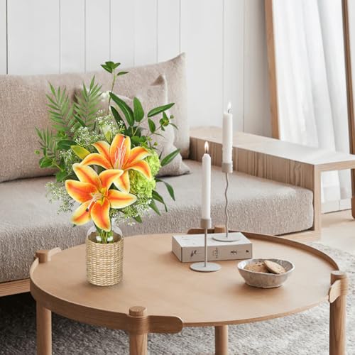 Hollyone Fake Flowers with Vase, Orange Silk Tiger Lily Artificial Flowers in Vase, Faux Plants and Flowers Arrangement Bouquets with Vases for Table Centerpieces Office Bathroom Home Decor - color: Orange