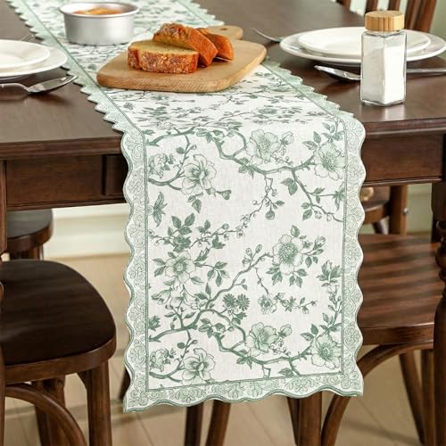HunnmingRe 71x12 Inch Sage Green Floral Table Runner Vintage Table Runner Chinoiserie French Country Decor Summer Outdoor Tablecloth Decorative Dinner Tablecloth for Home Dining Kitchen Party Decor - color: Green