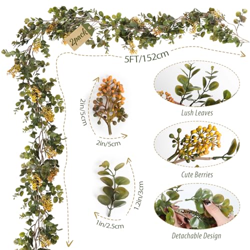 RECUTMS Artificial Eucalyptus Leaves Greenery Garland 2Pack 5FT Hanging | With Yellow Grape Berries, Faux Vine, For Indoor Outdoor, Home Garden Office Door Stairs, Wedding Arch Party Decor - color: Grape Vine Yellow