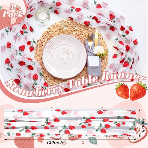 Mindsoft 3 Pcs Strawberry Table Runner, 10ft Tablecloth Strawberry Party Decorations Gauze Embroidery Tulle Lace Runner, for Table Wedding Birthday Bridal Baby Shower Holiday Dining Decor DIY - style: Strawberry