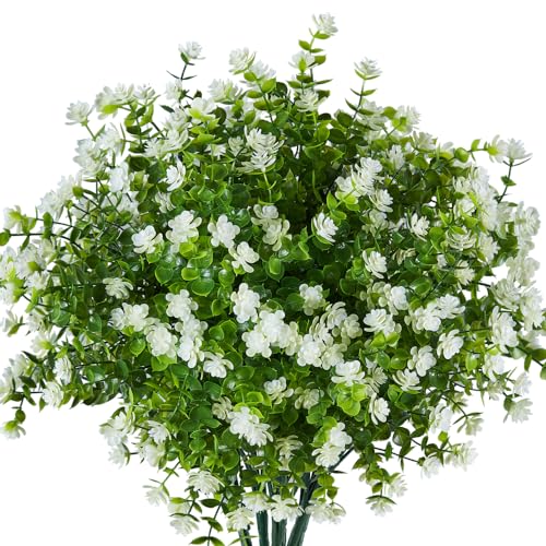 10PCS Artificial Eucalyptus Plants,Fake Boxwood Shrubs UV Resistant No Fade Faux Plastic Greenery for Wedding Bridal Bouquet Indoor Outdoor Home Garden Kitchen Office Table Vase(Milk Green) - color: Off-white