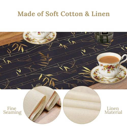 Chinese Bamboo Table Runner Traditional Gold Black Bamboo Art Printed Burlap Runner for Home Kitchen Dining Table Living Room Decor Fabric 1 Panel W13xL36in - color: Bamboo, size: 13"W x 36"H