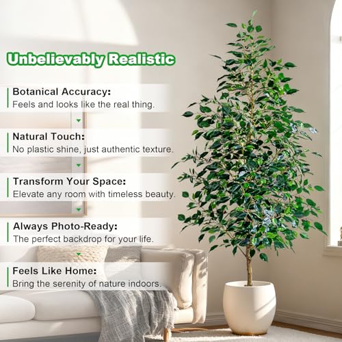 Bailikang 7FT Artificial Ficus Trees Indoor Faux Trees Indoor Fake Floor Plants Tall Artificial Tree with White Pot Faux Tree Fake Indoor Tree Silk Plants Artificial Trees for Home Decor Indoor - color: Green Leaf With White Pot, size: 7ft