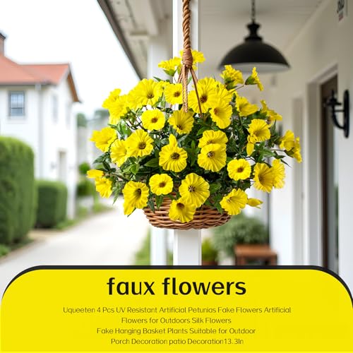 Yellow Artificial Morning Glory Flowers for Outdoor Planters, Premium UV Resistant Silk Faux Flowers for Porch, Hanging Basket & Window Box, Spring Garden Decor, No Pot, 13.3 Inch, 4 Bundles - color: Yellow 4pcs