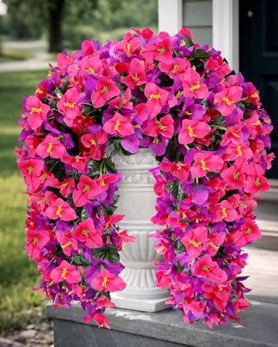 Artificial Flowers for Outdoors – 2 Bundles of UV-Resistant Artificial Bougainvillea, Realistic Silk Flowers for Front Porch, Patio, Garden, Window Boxes & Hanging Baskets (Purple& Hot Pink, 2) - color: Purple& Hot Pink, size: 2 Bundles