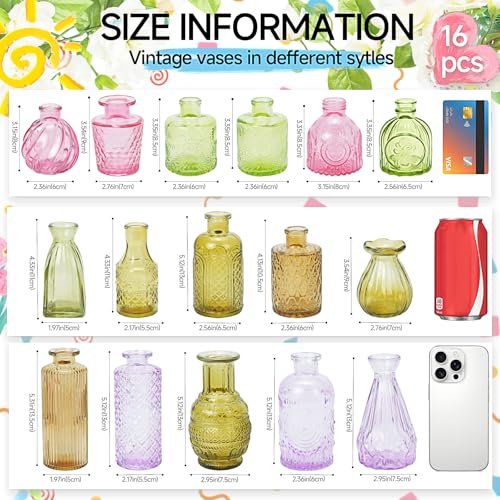 16 Pack Glass Bud Vase Set, Small Flower Vase Set Bud Vases for Wedding Centerpiece Table Decor, Vintage Small Vases for Room Home Dining Party Table Center Decor (Amber Set, 16 Pack) - color: Amber Set, size: 16 Pack