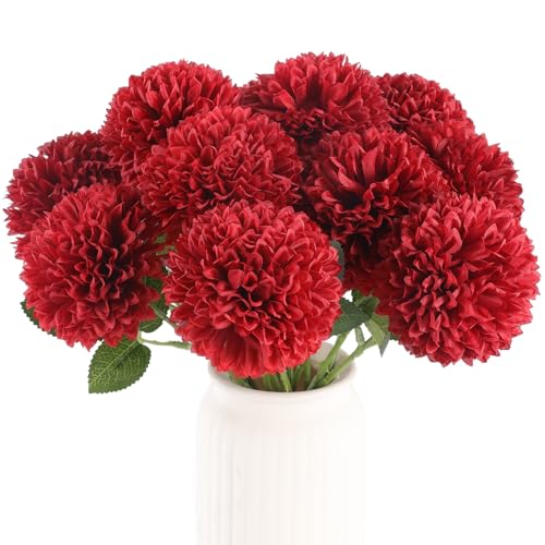 Hananona 12 Pcs Artificial Chrysanthemums Flowers Burgundy Red Flowers, Fake Mums Silk Flowers for Spring Home Decor Christmas Floral Arrangement Halloween Table Centerpiece (12, Burgundy) - color: Burgundy