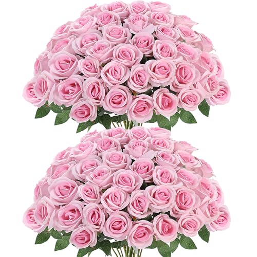 Sggvecsy 50 Pcs Artificial Roses Fake Flowers Velvet Silk Roses with Stems Bulk Realistic Faux Flowers for Bridal Bouquets Wedding Centerpieces Valentines Day DIY Home Party Decor (Pink) - color: Pink