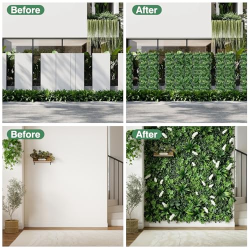 12Pcs 10"x10" Artificial Grass Wall Panels, Privacy Fence Screen Green Decor Backdrop, UV-Anti Fake Hedge Greenery Plant Wall Boxwood Panels Outdoor Indoor Wedding Garden Backyard (White Flowers） - color: Green+white, size: 12 Pcs-10" x 10"