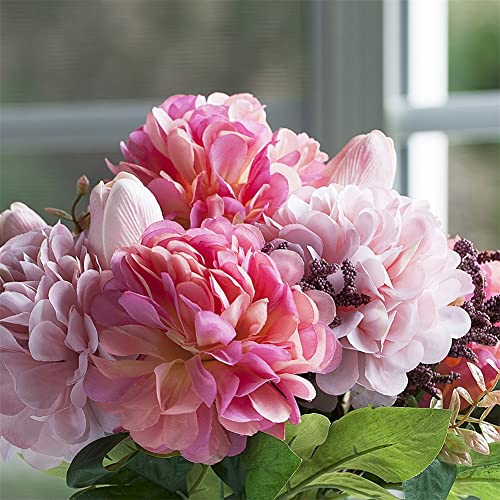 ENOVA FLORAL Tulip Real Touch Artificial Flower Arrangement with Vase, Mixed Dahlia Silk Flower in Vase for Dining Table Decorations, Wedding Centerpiece (Pink) - color: T& Dahlia Pink