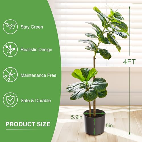 VECELO Artificial Fiddle Leaf Fig Tree 4FT(51in), Tall Fake Floor Plants with Realistic Leaves and Branches in Plastic Pot for Indoor Outdoor Living Room Home Decor - color: Fiddle Leaf Fig Tree(4ft)