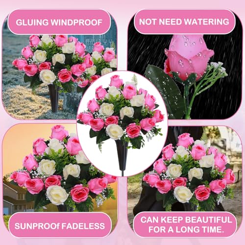 Lodou Set of 2 Artificial Cemetery Flowers, Memorial Flowers Bouquet,Grave Memorial Flowers with Vase for Cemetery Headstones Decoration (Pink White) - color: Pink White