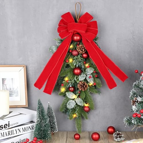 2 PCS 24" Artificial Christmas Teardrop Swag Norfolk Pine Teardrop Door Swag Xmas Cedar Swags Wreath with Berry Pinecone for Front Door Winter Cabinet Mantle Fireplace Wall Indoor Outdoor Home Decor - color: Xmas Red Ball