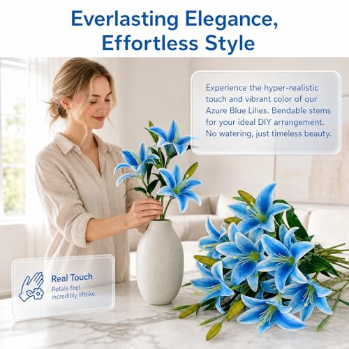 ATFL Artificial Lilies Flowers,9 Pcs Faux Lily Flowers,16''Tiger Lily Branches with 2 Full Blooms and 1 Bud,Faux Fake Lilies Plants for Wedding Bouquet Floral Arrangements (9, Blue) - color: Blue